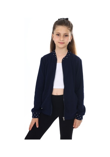 Toontoy Kız Çocuk Kolej Yaka Fermuarlı Cepli Boncuk İşlemeli Örme Hırka - 2 İplik Lacivert