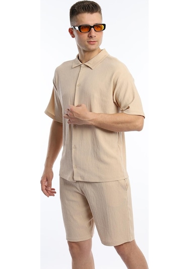 Polo State Erkek Crinkle Kumaş Gömlek - Şort Takım - Bej