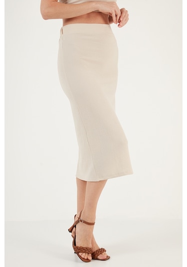 Lela Yüksek Bel Yırtmaçlı Dar Kesim Midi Bayan Etek 5865600 Taş