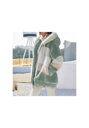 Sonbahar Kış Sıcak Peluş Cep Kapşonlu Sokak Giyim Gevşek Kadın Fermuarlı Kaşmir Dış Giyim Palto Kadın Büyük Boy Ceket Palto Yeşil