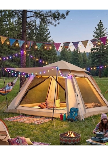Güneşlikli Kamp Çadırı 240x240x160 Cm 6 Kişilik Kolay Kurulum Outdoor Açık Bej