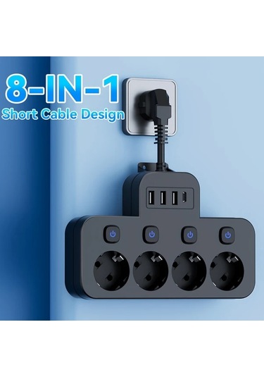 Xuweiwei Siyah Kısa Kablo 1.5m 3m Seçenekleri Avrupa Güç Prizi 4 Ac Çıkış 3 Usb 1 Type-c Portu Aşırı Yük Koruması Duvar Montajı Seyahat Ev Kullanımı