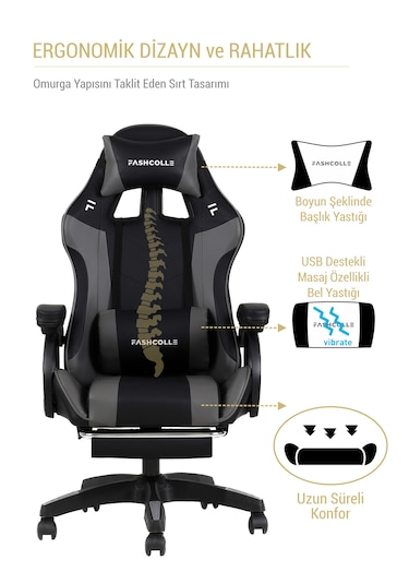 Fashcolle Dynamic Masajlı Gri-Siyah Oyuncu Koltuğu