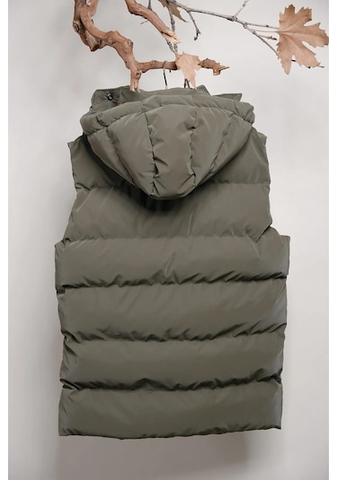 Kapüşonlu Erkek Çocuk Nova Kumaş Şişme Yelek Haki