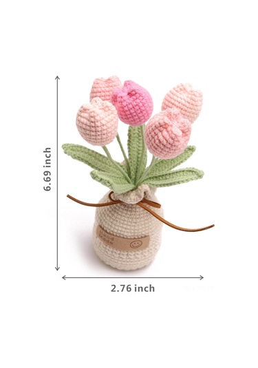 Dianziye El Örgü Gerçekçi Bitki: 5 Başlı Degrade Pembe Lale Saksı Bitkisi İplik Vazo Tabanı