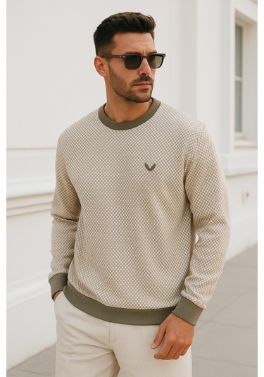 Rich Erkek Bej Kare Desenli Bisiklet Yaka Sweatshirt Bej