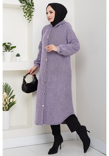 Çizgi Detay Kapüşonlu Kaşe Kap 1634 - Lila Lila