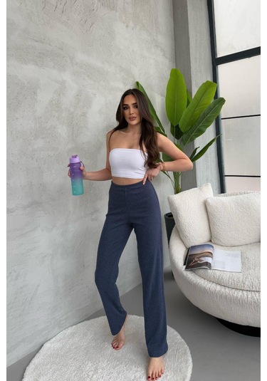 Kadın İndigo Yüksek Bel Fitilli Bol Paça Günlük İnce Eşofman Altı İndigo