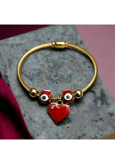 Bayan Çelik Kalp Nazar Boncuklu Gold Renk Kararmaz Mıknatıslı Kadın Bileklik Çelik