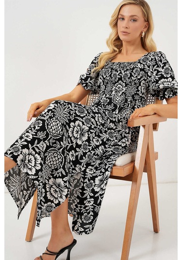 Kare Yaka Prenses Kol Önü Gipeli Yanları Yırtmaçlı Çiçek Desenli %100 Pamuk Midi Boy Viskon Elbise Siyah