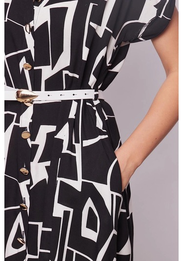 Kadın Desenli Yakalı Düşük Omuzlu Duble Kol Kemerli Midi Boy Elbise Deri Kemer Dahil -siyah Desen Siyah Dsn.