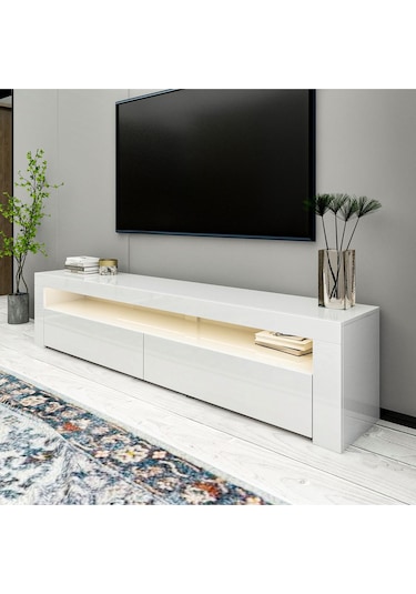 Batı LED Işıklı 2 Kapaklı TV Sehpası – 150 cm – Minimal Tasarım, Parlak Beyaz