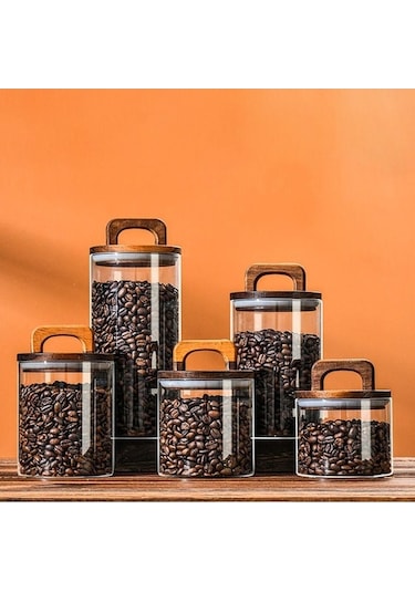 Pazly Şeffaf Cam Kavanoz Ahşap Saplı Kapaklı Depolama Kavanoz 1400ml Mutfak İçin Şeffaf