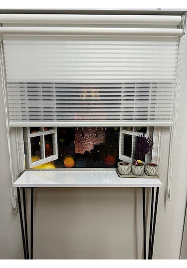 Çizgili Çift Mekanizmalı Tül Ve Stor Perde - Model 1 Beyaz