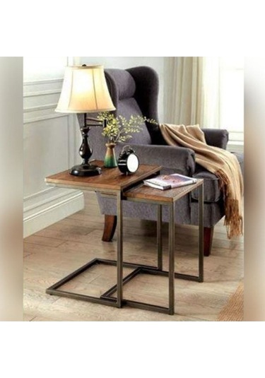 Style 2'li Masif Panel Doğal Ahşap Zigon Sehpa Siyah