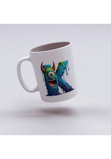 K Harfi Bardak, Sevimli Canavarlar Harflı Bardak Hediyesi Porselen Beyaz