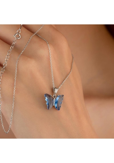 Gümüş Pazarım Mavi Taşlı Kelebek Motifli Gümüş Kolye 550452937