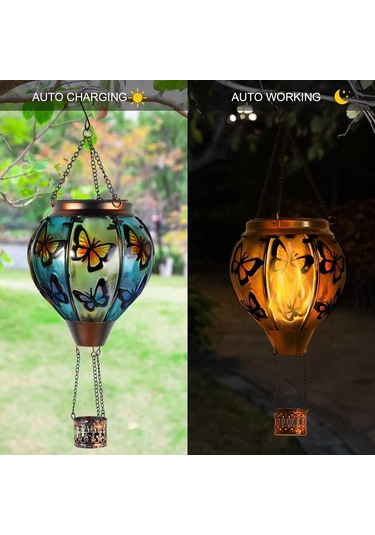 Sıcak Hava Balon Güneş Feneri İle Titreyen Alev Işığı Açık Bahçe Bahçesi Dekorasyonu, Bayrak+kelebek