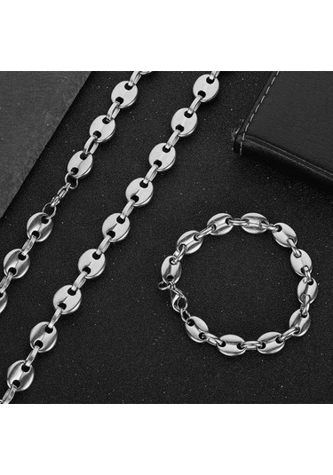 Novahub Hip Hop Kahve Çekirdeği Zincir Kolye, Domuz Burun Bilezik, 6mm-45cm, Gümüş Paslanmaz Çelik, Punk Tarzı, Üniseks, Moda Aksesuarı Gümüş