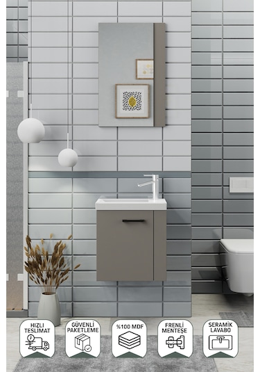 Biani Minila 45 cm Banyo Dolabı,Seramik Lavabolu, Aynalı,Lavabo Dahil,Mdf,Latte Biani Minila 45 cm Banyo Dolabı,Seramik Lavabolu, Aynalı,Lavabo Dahil,Mdf,Latte