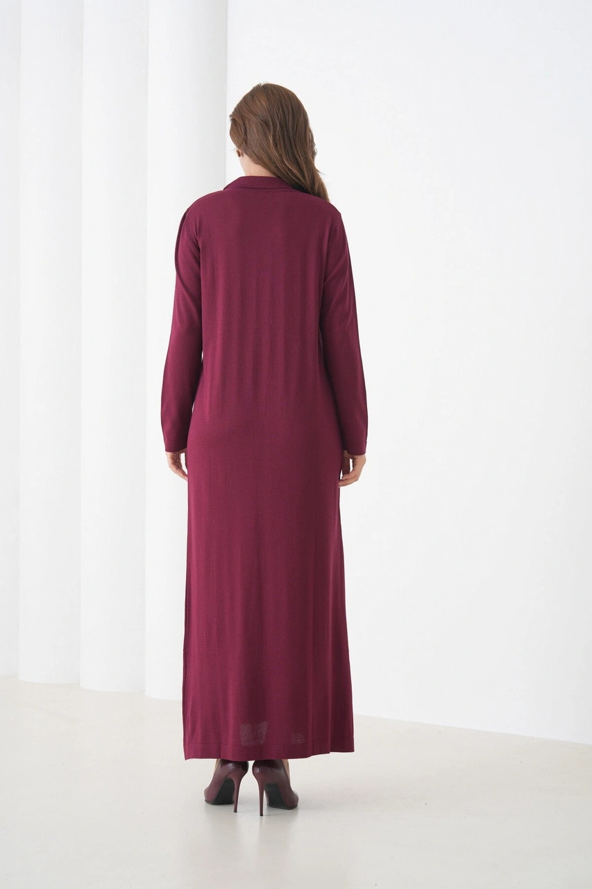 Kadın Uzun Kol Gömlek Yaka Triko Önden Düğmeli Triko Spor Şık Elbise Bordo