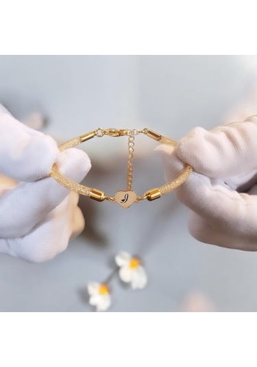 Archin I Harfine Özel Kalp Motifli 14 Ayar Altın Plakalı Hasır Kordonlu Hediye Bileklik-474harf I