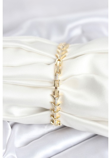 Pirinç Gold Renk Balık Sırtı Model Zirkon Taşlı Kadın Bileklik Çok Renkli