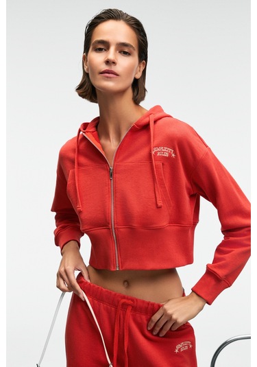 Grımelange Elara Kadın Metal Fermuarlı Nakışlı Kapüşonlu Crop Kırmızı Sweatshirt Kırmızı