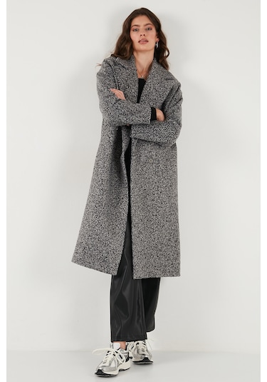 Lela Oversize Fit Mono Yaka Düğmeli Buklet Uzun Kaşe Bayan Kaban 6810236 Antrasit