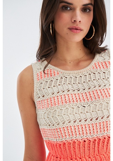 Peraluna Kiyo Dress Kolsuz Pamuklu Diz Hizası Yazlık Kadın Elbise Bej- Neon Turuncu