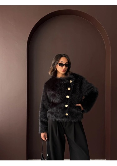 Kadın Vintage Peluş Tüylü Crop Ceket Altın Düğmeli Bisiklet Yaka Kışlık Şık Ceket Siyah