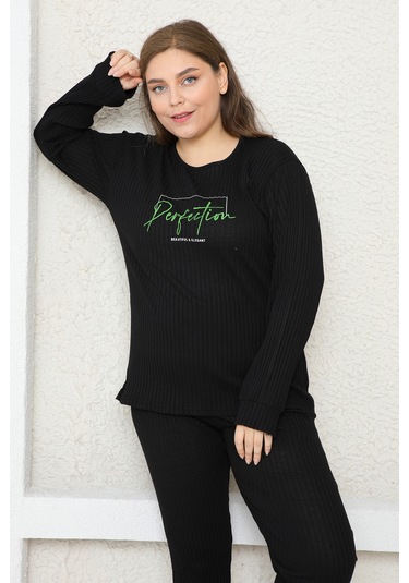 Fames Pijama Büyük Beden Fitilli Pijama Takim Siyah