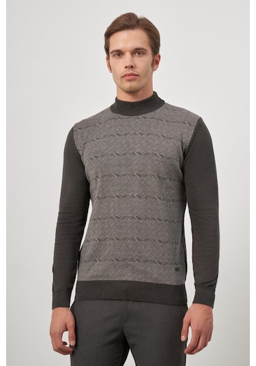 Koyu Antrasit Uzun Kol Kendinden Örme Yarım Balıkçı Yaka Classic Comfort Fit Triko 1012245152 Koyu Antrasit