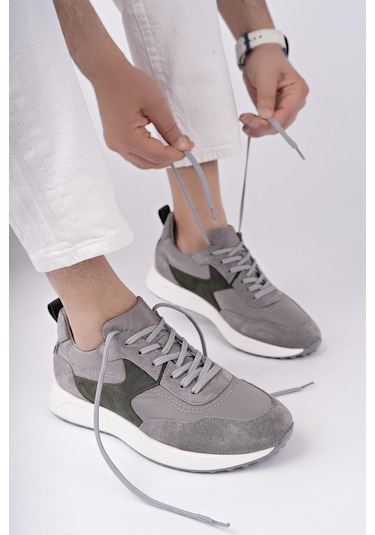 Muggo Svenson Kalın Taban Bağcıklı Hakiki Deri Erkek Günlük Sneaker Spor Ayakkabı Gri