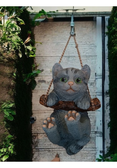 1 Adet Dekoratif Sallanan Duvar Ve Bahçe Süsü Kedi Gri