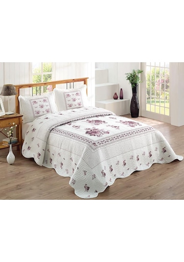 Örtüm Flower Lila Çift Kişilik Kapitone Yatak Örtüsü Lila