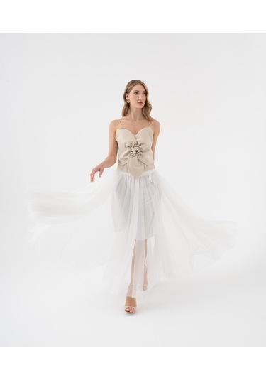 Tül Katmanlı Uzun Şifon Etek Ekru