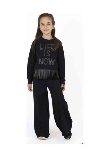 Kız Çocuk Püskül Deri Detaylı Sweatshirt-13504 Siyah