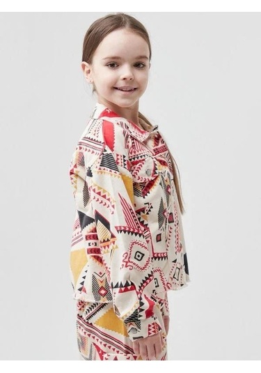 Kız Çocuk Etnik Desenli Tasarım Kot Ceket-13812 Kırmızı