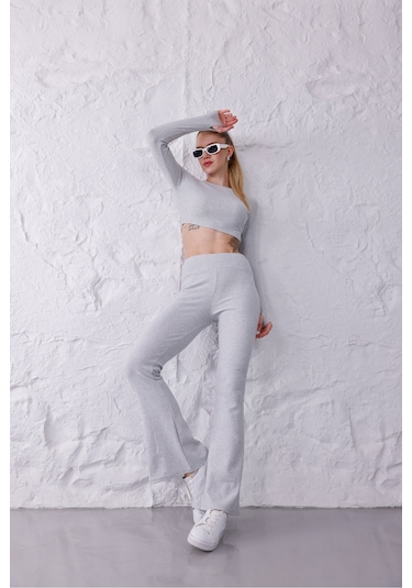 Kadın İspanyol Paça Pantolon Uzun Kollu Parmak Geçirmeli Crop Takım Gri