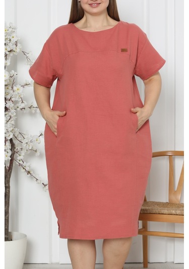 Kadın Tunik Gecelik Kısa Kollu Büyük Beden Cepli Keten Kiremit 92277 R11 Kiremit