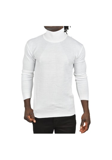 Deepsea Erkek Beyaz Tam Balıkçı Yaka Yanları Desenli Slim Fit Boğazlı Triko Kazak 2505495 Beyaz