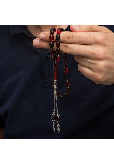 Gümüş Kırmızı Siyah Ateş Kehribar Tesbih Sl12595 Gümüş