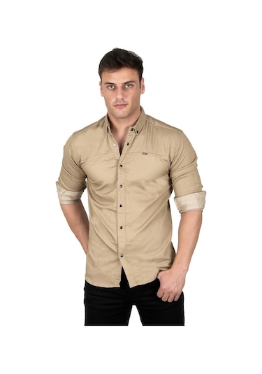 Deepsea Erkek Kahverengi Açık Çıt Çıt Düğmeli Kot Gömlek 2300412 Açık Kahverengi