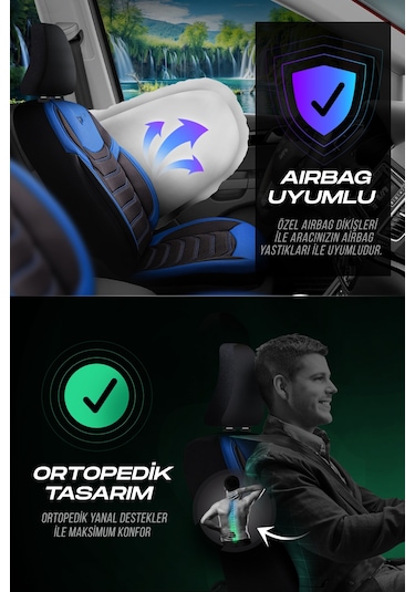 Siyah - Mavi Garni Panda Manavgat Serısı Lakos Kumaş Oto Koltuk Kılıfı - Tam Set