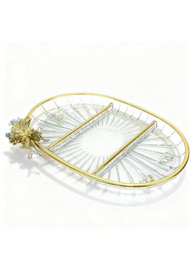 Lux Metal Ayaklı Gold Oval Kelebekli Sunumluk / Kurabiyelik Altın