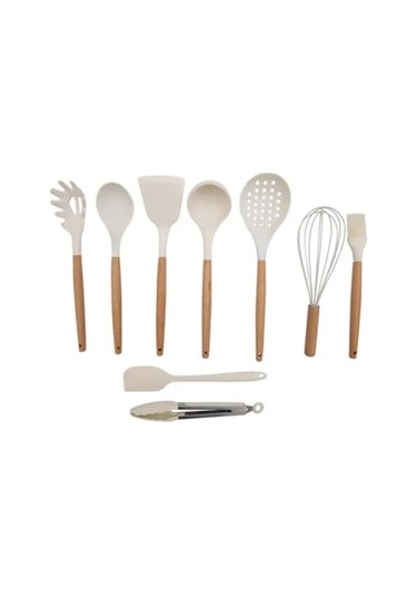 9 Parça Bambu Saplı Mutfak Seti Krem