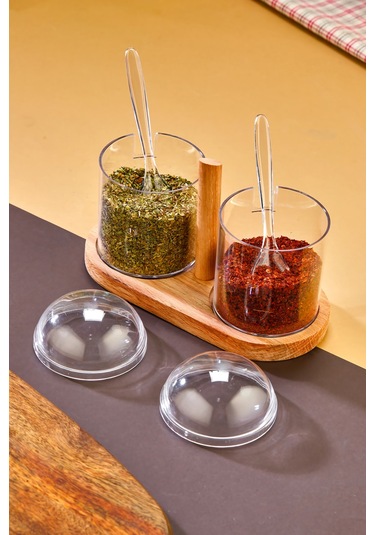 Kaşıklı Şeffaf Kapaklı Ahşap Standlı 2'li Kavanoz Baharat Seti ŞEffaf