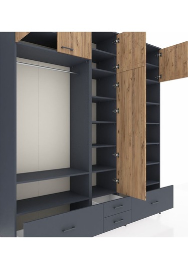 Hyperion Dolap 18 Raflı 4 Çekmeceli Tek Askılı 220x44x243 Antrasit-çam/antrasit Atlas Çam/antrasıt