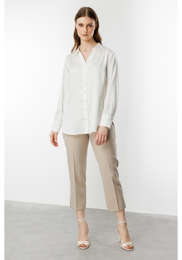 Ekol Kadın Büyük Beden Saten Gömlek 3510 Ekru Ekru